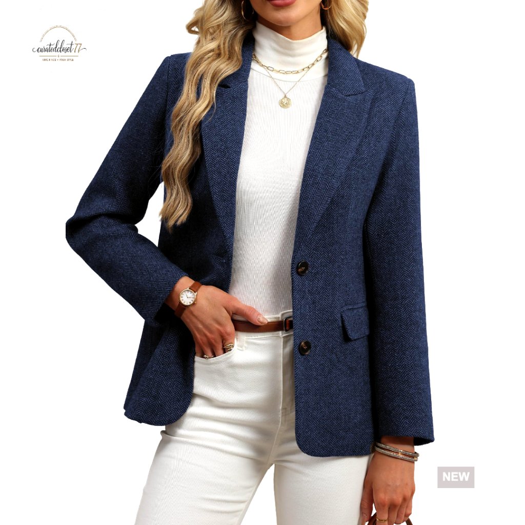Oversized Wool Blend Blazer Herringbone Tweed Business Casual Chic Fall Winter